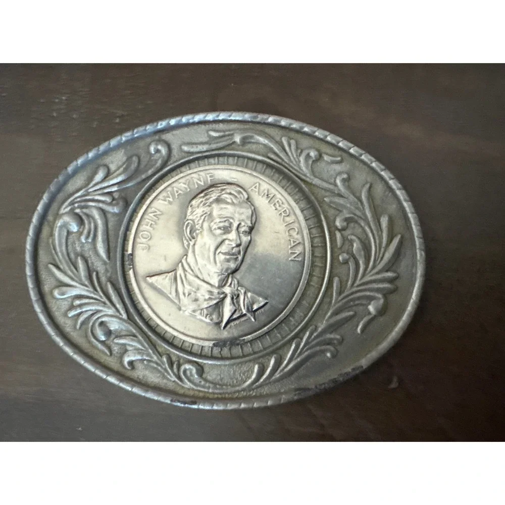 Vintage John Wayne American Belt Buckle Silver Tone Western Oval The Duke 3 Inch